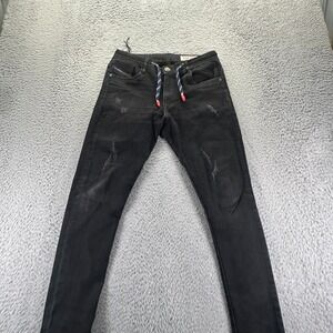 Nikjoh Jeans Mens 29x30 Black Denim Skinny Distressed Drawstring Dark Wash